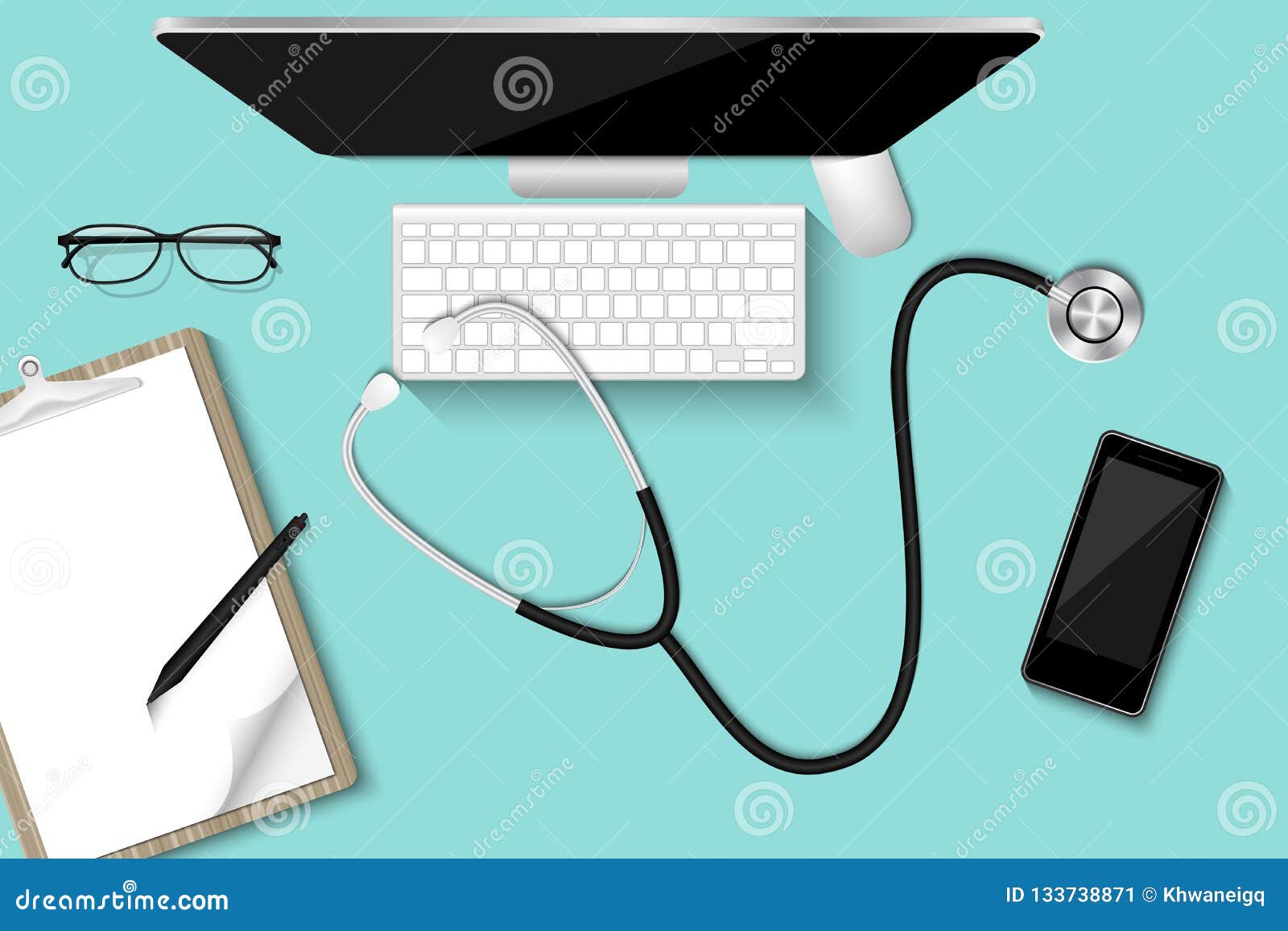 doctorÃ¢â¬â¢s table desktop with personal equipment., healthcare an